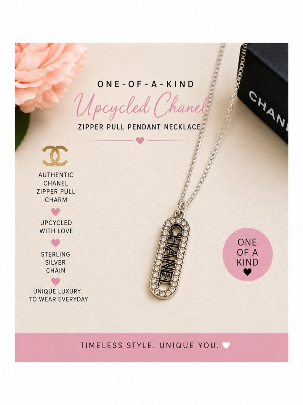 ✨ One-of-a-Kind Upcycled Chanel Vertical Charm Necklace | Sterling Silver Chain